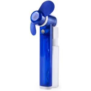 A handheld fan with a blue casing and a spray bottle attachment for cooling. It features a logo on the body.