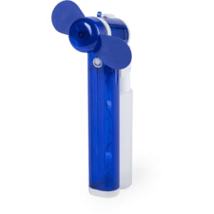 A blue handheld fan with two propeller blades and a transparent body, featuring a logo on the side.