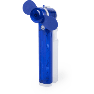 A blue vaporizer fan with a sleek design and propeller-shaped blades, featuring a white body and a branding logo.
