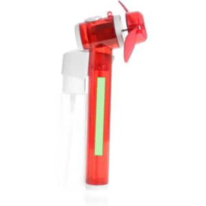 A red vapouriser fan with a small propeller and a transparent spray tube. It features a logo on the body.