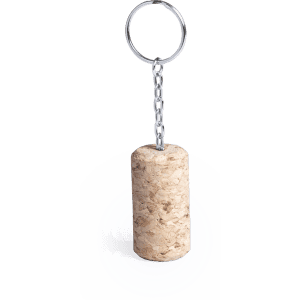 A cork keyring with a metal chain and ring, showcasing a natural beige colour.