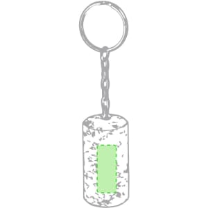 A cylindrical keyring with a green decorative element and a metal keychain attachment.