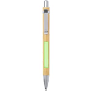A bamboo pen with a silver clip and a green accent on the barrel, featuring a branding logo.