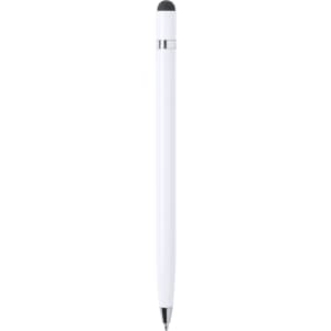 A white stylus touch ball pen with a grey tip and chrome accents. It features a branding logo.