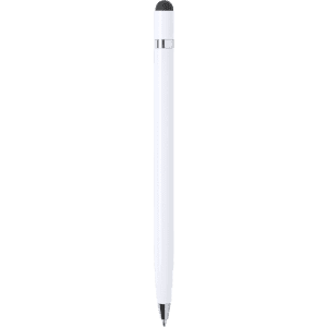A white stylus touch ball pen with a silver band and a black tip, featuring a logo.