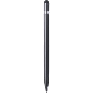 A sleek black stylus touch ball pen with a silver detailing and a logo.