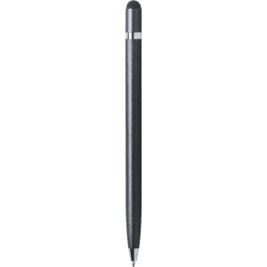 A black stylus touch ball pen with a sleek design and silver accents, featuring a branding logo.