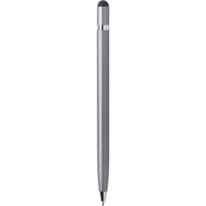 A sleek silver stylus touch ball pen with a black tip and a metallic finish, featuring a branding logo.