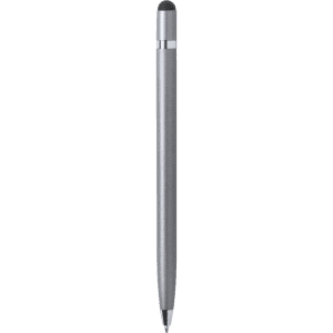 A silver stylus touch ball pen with a sleek design and a black tip, featuring a branding logo.