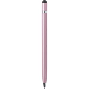 A pink stylus touch ball pen with a sleek design and silver detailing, featuring a branded logo.