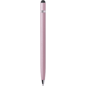 A stylus touch ball pen in a rose gold finish with a sleek design and a silver band. It features a logo.
