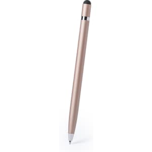 A stylish rose gold stylus touch ball pen with a black tip and silver accents. It features a sleek, slender design.