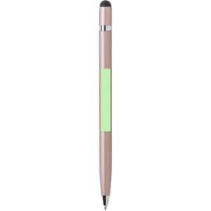 A stylus touch ball pen in a rose gold finish with a soft touch tip and a smooth black ink writing point.