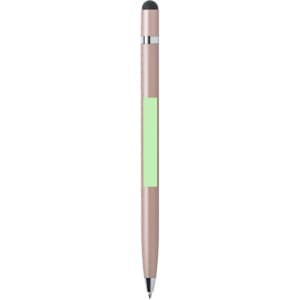 A rose gold stylus touch ball pen with a black tip and a green placeholder for branding or personalisation.