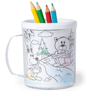 A clear mug featuring a colouring design with cartoon animals and trees, holding coloured pencils.