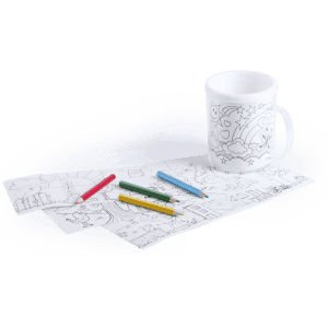 A white Fesient Mug with a colouring design, accompanied by coloured pencils and colouring sheets.