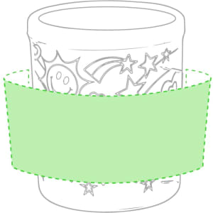 A colourful coffee mug featuring playful designs, with a light green band for customisation.