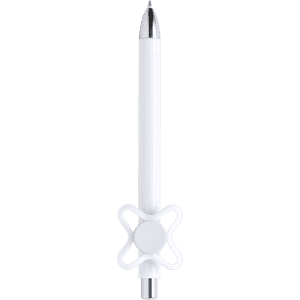 A white pen with a decorative white clip and a chrome tip, featuring a logo.