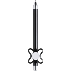 A black pen with a silver tip and a unique black and white design feature. It includes a branding logo.
