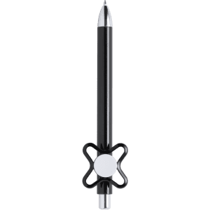 A black pen with a unique decorative grip and a silver tip, featuring a logo on its body.