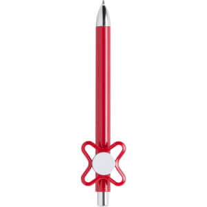 A red pen with a decorative chrome clip and a circular white accent near the top.