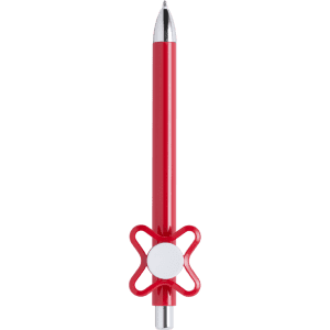 A red pen with a unique grip design and a silver tip, featuring a branding logo.