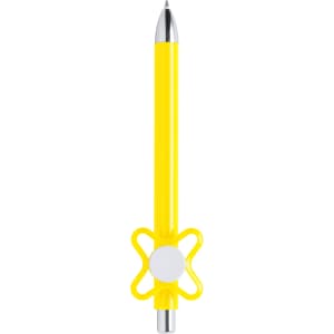 A yellow pen with a flower-shaped grip and silver accents, featuring a branding logo.