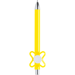 A yellow pen with a chrome tip and a flower-shaped grip. The pen features a simple logo on the grip section.