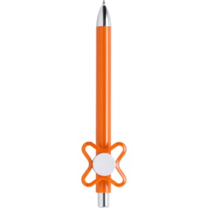 An orange pen with a unique shape and a silver tip, featuring a round white accent and a logo.