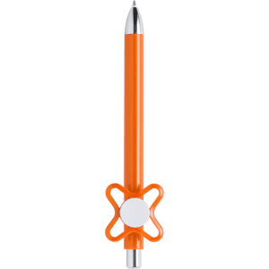 An orange pen with a silver tip and a cross-shaped grip. It features a logo on the grip area.