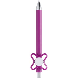 A purple pen with a unique flower-shaped grip and a silver tip, featuring a logo on the side.