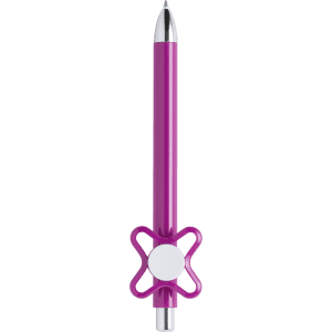 A pink pen with a unique flower-shaped grip and a metallic tip, featuring a logo.