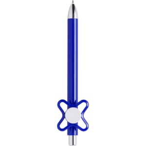 A blue pen with a decorative grip and a silver tip, featuring a logo on the body.