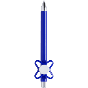 A blue pen with a silver tip and a decorative grip, featuring a logo on the side.