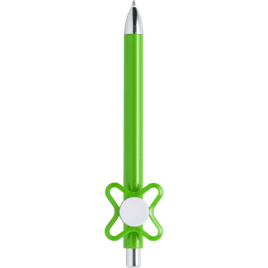 A green pen with a chrome tip and a distinctive star-shaped grip, featuring a logo on the grip.