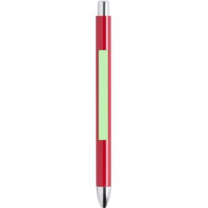 A red pen with a silver tip and a light green accent area, featuring a branding logo.