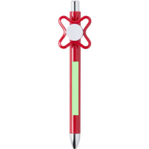 A red pen with a flower-shaped grip and a green label area, featuring a silver tip and a logo.