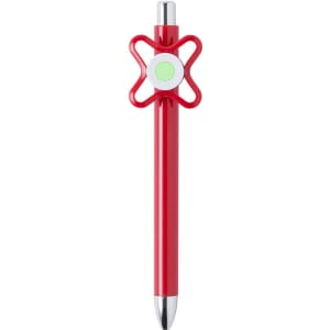 A red pen with a unique flower-shaped clip and green button at the top. It features a logo on the clip.