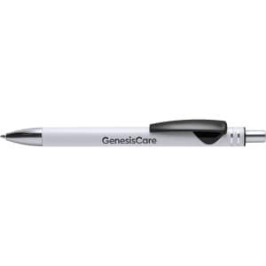 A metal pen in white with a black clip, featuring a branding logo.