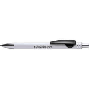 A metal pen in silver with a black grip and clip, featuring a logo on its barrel.