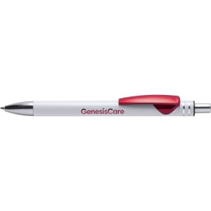 A metal pen in white with a red clip, featuring branding on the barrel.
