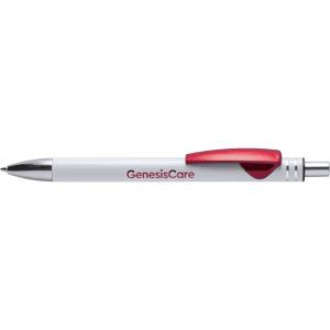 A metal pen in white with a red accent and a logo. The pen features a shiny silver tip.