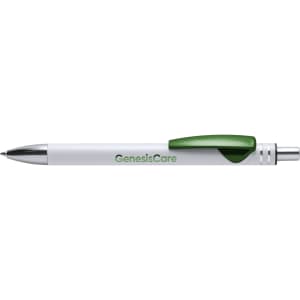 A white metal pen with a green clip and branding on the side.