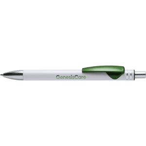 A metal pen in white with a green clip, featuring a logo on the barrel.