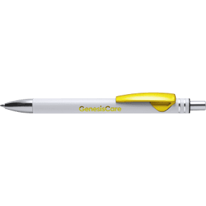 A metal pen in white with a yellow clip and a logo printed on the barrel.