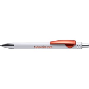 A metal pen in white with an orange grip, featuring a branding logo on the body.