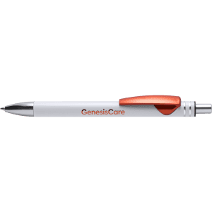 A metal pen in white with an orange clip, featuring a logo on the barrel.