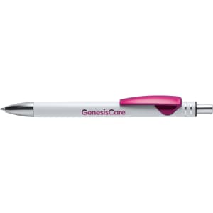 A metal pen in white with a pink accent and a branding logo.