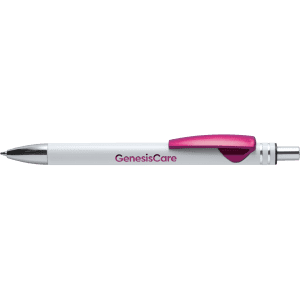 A metal pen in white with a pink clip and branding. The pen features a sleek design for writing.