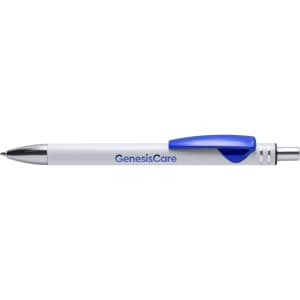 A metal pen in white with a blue clip, featuring a logo on the barrel.
